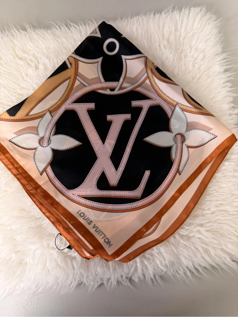 Black & Peach Silk Logo Motif Square Scarf